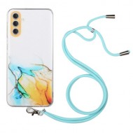 For Samsung Galaxy A54 5G Marble Pattern Embossing Phone Case Soft TPU Anti-scratch Cover with Lanyard - Yellow