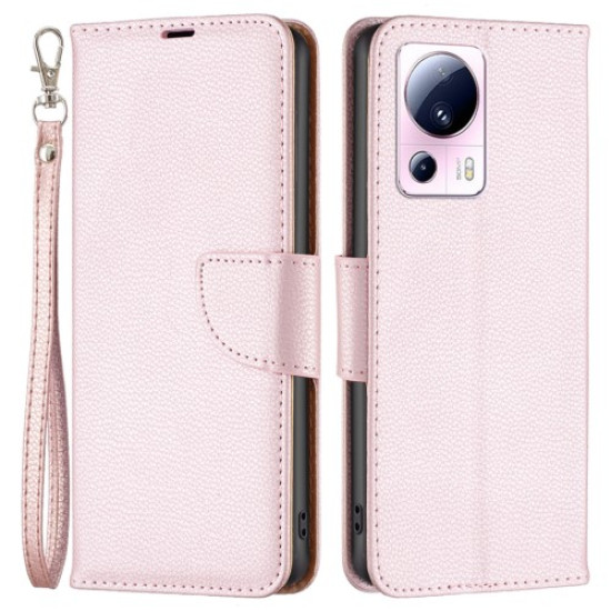 For Xiaomi 13 Lite / Civi 2 5G PU Leather Wallet Cover Litchi Texture Stand Phone Case with Strap - Rose Gold XIAOMI Cases Mobile