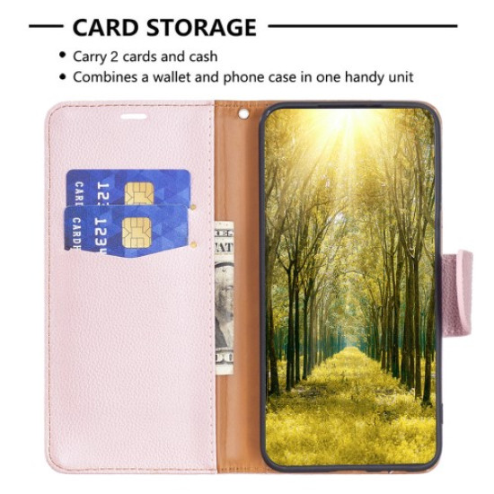 For Xiaomi 13 Lite / Civi 2 5G PU Leather Wallet Cover Litchi Texture Stand Phone Case with Strap - Rose Gold XIAOMI Cases Mobile
