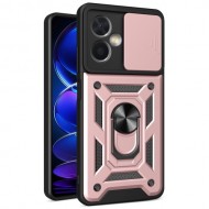 Phone Case for Xiaomi Redmi Note 12 5G / Poco X5 5G PC + TPU Protective Back Cover with Slide Camera Protector and Ring Kickstand - Rose Gold