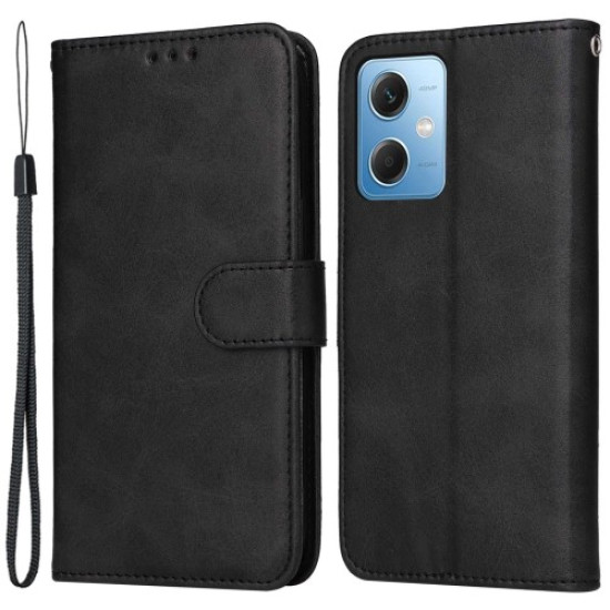 For Xiaomi Redmi Note 12 5G / Poco X5 5G PU Leather Calf Texture Phone Cover Folio Flip Wallet Stand Phone Case with Strap - Black XIAOMI Cases Mobile