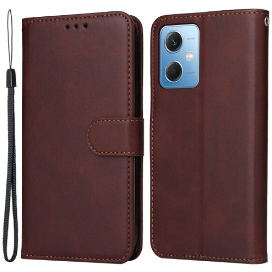For Xiaomi Redmi Note 12 5G / Poco X5 5G PU Leather Calf Texture Phone Cover Folio Flip Wallet Stand Phone Case with Strap - Brown XIAOMI Cases Mobile