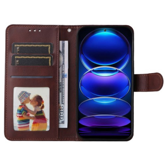 For Xiaomi Redmi Note 12 5G / Poco X5 5G PU Leather Calf Texture Phone Cover Folio Flip Wallet Stand Phone Case with Strap - Brown XIAOMI Cases Mobile