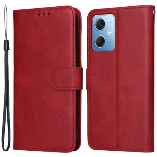 For Xiaomi Redmi Note 12 5G / Poco X5 5G PU Leather Calf Texture Phone Cover Folio Flip Wallet Stand Phone Case with Strap - Red XIAOMI Cases Mobile