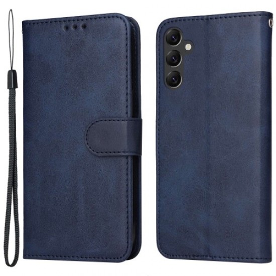 For Samsung Galaxy A14 5G Calf Texture PU Leather Phone Cover Magnetic Clasp Wallet Stand Case with Wrist Strap - Blue Samsung Cases Mobile