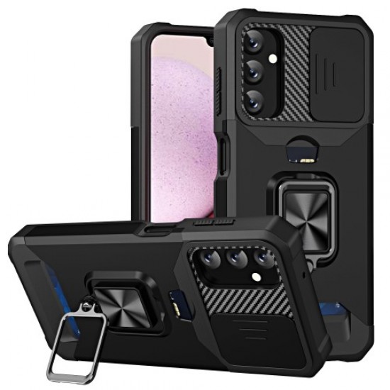 For Samsung Galaxy A14 5G Card Holder Kickstand Phone Case Hard PC Soft TPU Hybrid Cover with Slide Camera Lens Protector - Black Samsung Cases Mobile