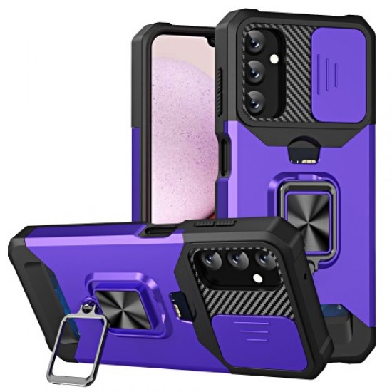 For Samsung Galaxy A14 5G Card Holder Kickstand Phone Case Hard PC Soft TPU Hybrid Cover with Slide Camera Lens Protector - Purple Samsung Cases Mobile