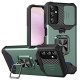 For Samsung Galaxy A14 5G Card Holder Kickstand Phone Case Hard PC Soft TPU Hybrid Cover with Slide Camera Lens Protector - Blackish Green Samsung Cases Mobile