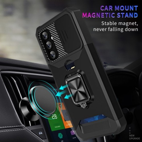 For Samsung Galaxy A14 5G Card Holder Kickstand Phone Case Hard PC Soft TPU Hybrid Cover with Slide Camera Lens Protector - Black Samsung Cases Mobile