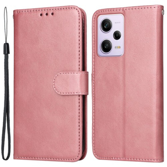For Xiaomi Redmi Note 12 Pro+ 5G Calf Texture PU Leather Wallet Case Foldable Stand Magnetic Closure Phone Cover with Strap - Rose Gold XIAOMI Cases Mobile