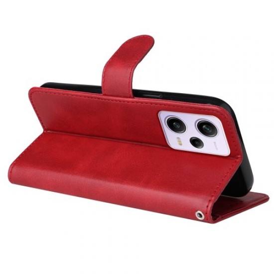 For Xiaomi Redmi Note 12 Pro+ 5G Calf Texture PU Leather Wallet Case Foldable Stand Magnetic Closure Phone Cover with Strap - Red XIAOMI Cases Mobile