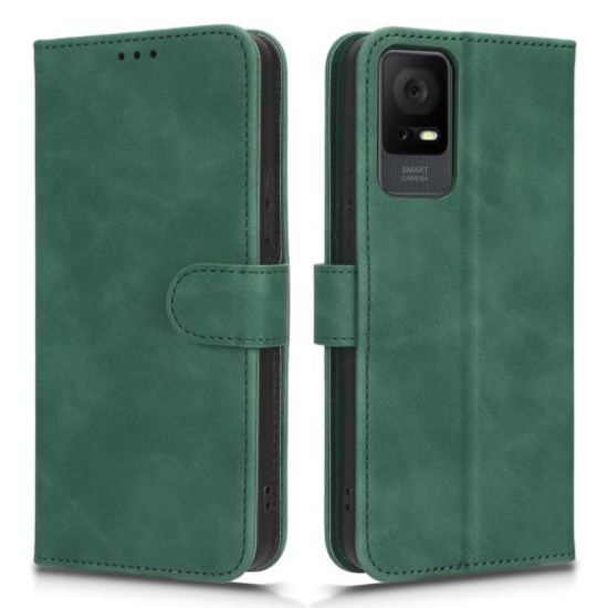 For TCL 405 Drop-proof PU Leather Phone Case Foldable Stand Wallet Skin-touch Feeling Flip Cell Phone Cover Stand with Wrist Strap - Green TCL Mobile Cases