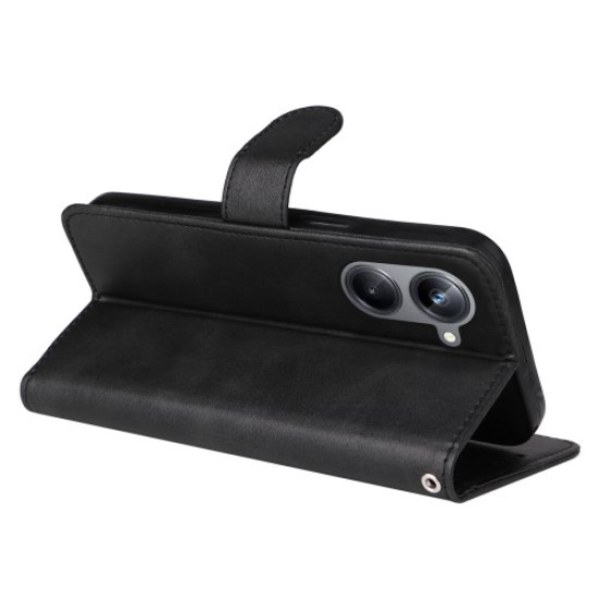 For Realme 10 Pro 5G Full Protection PU Leather Folio Phone Case Calf Texture Magnetic Flip Wallet Stand Phone Cover with Strap - Black Oppo Realme Cases Mobile