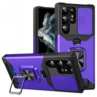 Υβριδική Θήκη Σιλικόνης και Πλαστικού με Πορτάκι Κάμερας, Δαχτυλίδι Κρατήματος και Θέση για Πιστωτική Κάρτα για Samsung Galaxy S23 Ultra - Μωβ