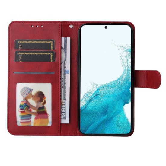 For Samsung Galaxy S23+ Calf Texture Shockproof PU Leather Case Magnetic Clasp Wallet Stand Phone Cover - Red Samsung Cases Mobile