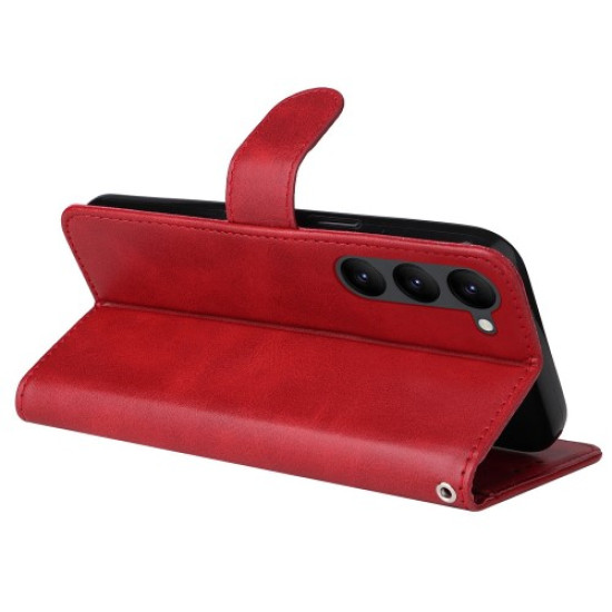 For Samsung Galaxy S23+ Calf Texture Shockproof PU Leather Case Magnetic Clasp Wallet Stand Phone Cover - Red Samsung Cases Mobile