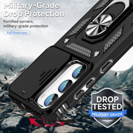 Slide Camera Protector Back Case for Samsung Galaxy S23+. PC + TPU Protective Phone Cover with Metal Ring Kickstand - Black Samsung Cases Mobile