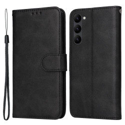 Cell Phone Case for Samsung Galaxy S23. Magnetic Clasp Classic Calf Texture PU Leather Wallet Stand Cover with Wrist Strap - Black