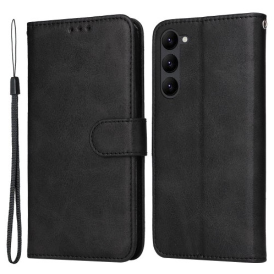 Cell Phone Case for Samsung Galaxy S23. Magnetic Clasp Classic Calf Texture PU Leather Wallet Stand Cover with Wrist Strap - Black Samsung Cases Mobile