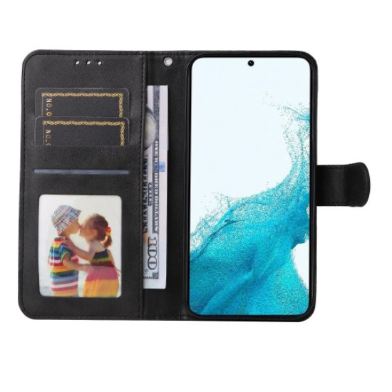 Cell Phone Case for Samsung Galaxy S23. Magnetic Clasp Classic Calf Texture PU Leather Wallet Stand Cover with Wrist Strap - Black Samsung Cases Mobile