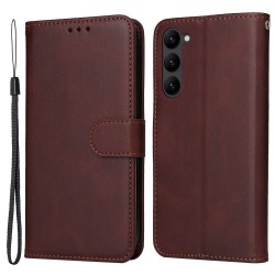 Cell Phone Case for Samsung Galaxy S23. Magnetic Clasp Classic Calf Texture PU Leather Wallet Stand Cover with Wrist Strap - Brown Cell Phone Case for Samsung Galaxy S23. Magnetic Clasp Classic Calf Texture PU Leather Wallet Stand Cover with Wrist Strap - Brown