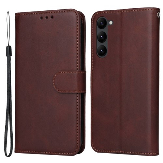 Cell Phone Case for Samsung Galaxy S23. Magnetic Clasp Classic Calf Texture PU Leather Wallet Stand Cover with Wrist Strap - Brown Samsung Cases Mobile
