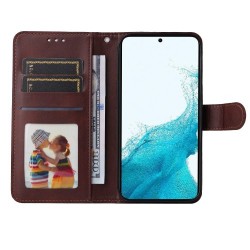 Cell Phone Case for Samsung Galaxy S23. Magnetic Clasp Classic Calf Texture PU Leather Wallet Stand Cover with Wrist Strap - Brown Cell Phone Case for Samsung Galaxy S23. Magnetic Clasp Classic Calf Texture PU Leather Wallet Stand Cover with Wrist Strap - Brown
