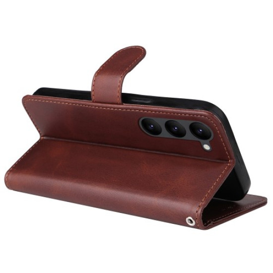 Cell Phone Case for Samsung Galaxy S23. Magnetic Clasp Classic Calf Texture PU Leather Wallet Stand Cover with Wrist Strap - Brown Samsung Cases Mobile