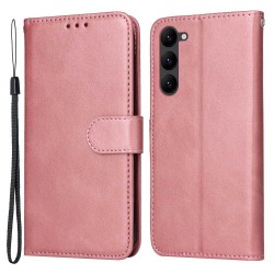 Cell Phone Case for Samsung Galaxy S23. Magnetic Clasp Classic Calf Texture PU Leather Wallet Stand Cover with Wrist Strap - Pink Cell Phone Case for Samsung Galaxy S23. Magnetic Clasp Classic Calf Texture PU Leather Wallet Stand Cover with Wrist Strap - Pink