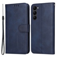 Cell Phone Case for Samsung Galaxy S23. Magnetic Clasp Classic Calf Texture PU Leather Wallet Stand Cover with Wrist Strap - Blue