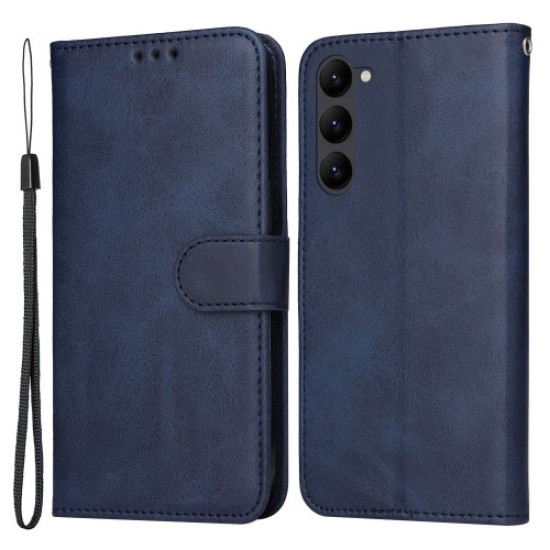 Cell Phone Case for Samsung Galaxy S23. Magnetic Clasp Classic Calf Texture PU Leather Wallet Stand Cover with Wrist Strap - Blue Samsung Cases Mobile