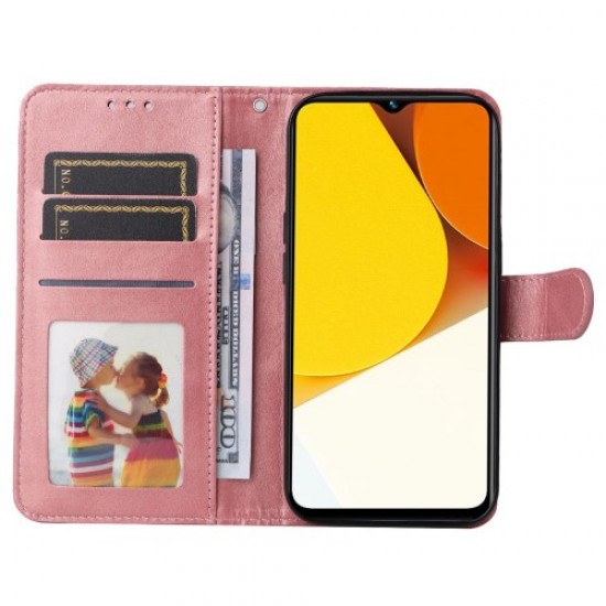 For vivo Y35 4G (2022) / Y22s 4G / Y22 4G Calf Texture Anti-scratch PU Leather Case Stand Wallet Phone Cover with Wrist Strap - Rose Gold Vivo mobile Cases
