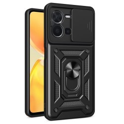 Υβριδική Θήκη Σιλικόνης και Πλαστικού με Πορτάκι Κάμερας και Δαχτυλίδι Κρατήματος για Vivo Y35 4G (2022) / Y22s 4G - Μαύρο