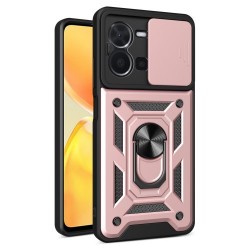 Υβριδική Θήκη Σιλικόνης και Πλαστικού με Πορτάκι Κάμερας και Δαχτυλίδι Κρατήματος για Vivo Y35 4G (2022) / Y22s 4G - Ροζέ Χρυσαφί