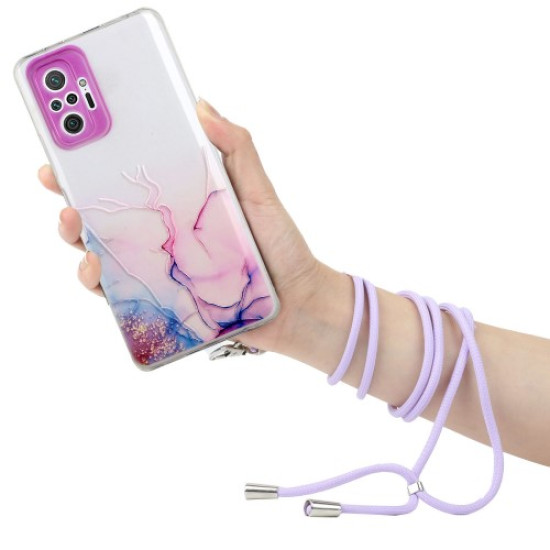 Θήκη Σιλικόνης TPU με Κορδόνι Λαιμού για Xiaomi Redmi Note 10 Pro - Μωβ Πινελιές με Μωβ Κορδόνι XIAOMI Θήκες Κινητών