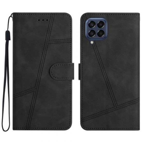 For Samsung Galaxy M33 5G (Global Version) Fully Wrapped Phone Case. Skin-touch Feeling Lines Imprinted Vintage PU Leather Magnetic Flip Cover with Wallet Stand - Black Samsung Cases Mobile