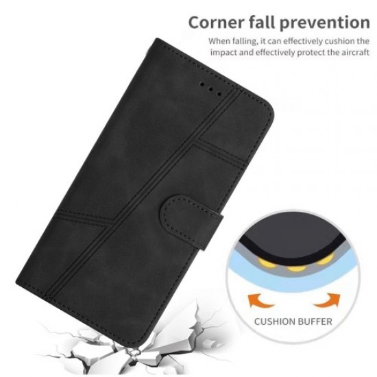 For Samsung Galaxy M33 5G (Global Version) Fully Wrapped Phone Case. Skin-touch Feeling Lines Imprinted Vintage PU Leather Magnetic Flip Cover with Wallet Stand - Black Samsung Cases Mobile