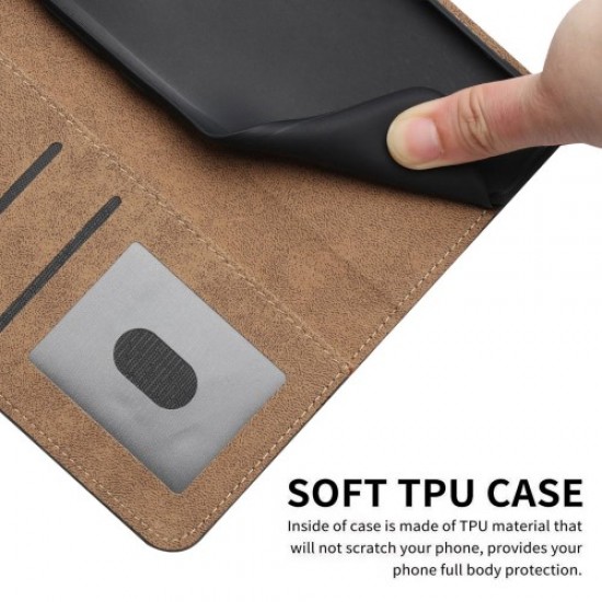 For Samsung Galaxy M33 5G (Global Version) Fully Wrapped Phone Case. Skin-touch Feeling Lines Imprinted Vintage PU Leather Magnetic Flip Cover with Wallet Stand - Black Samsung Cases Mobile