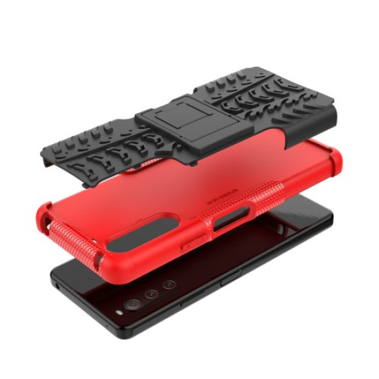 Υβριδική Θήκη Σιλικόνης (Όψη Ελαστικού) με Βάση Στήριξης για Sony Xperia 10 IV - Κόκκινο / Μαύρο Sony Θήκες Κινητών