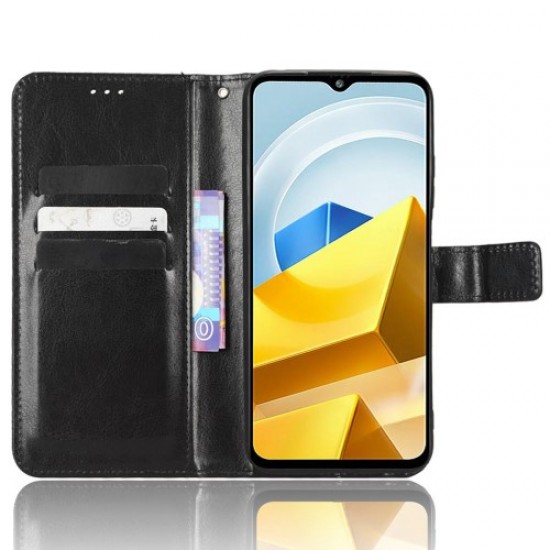 For Xiaomi Poco M5 4G Crazy Horse Texture PU Leather Anti-fingerprint Case Stand Wallet Phone Cover - Black XIAOMI Cases Mobile