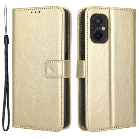 For Xiaomi Poco M5 4G Crazy Horse Texture PU Leather Anti-fingerprint Case Stand Wallet Phone Cover - Gold XIAOMI Cases Mobile