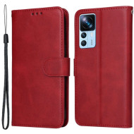 For Xiaomi 12T 5G / Redmi K50 Ultra 5G / 12T Pro 5G Calf Texture Phone Stand Case PU Leather Wallet Drop-proof Cover with Wrist Strap - Red