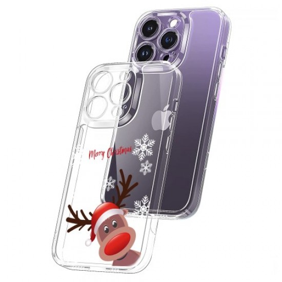 For iPhone 14 Pro Max Christmas Pattern Printing Clear Phone Case 1.5mm Thick TPU Precise Cutout Camera Protection Cover - Snowflake Deer Apple Cases Mobile