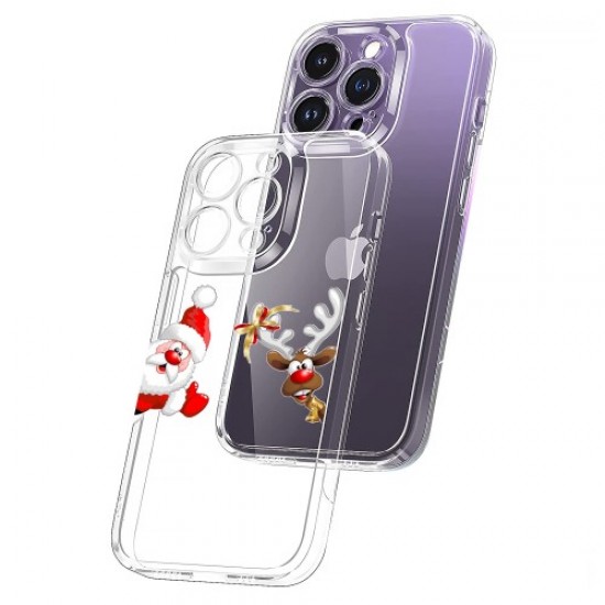 For iPhone 14 Pro Clear Merry Christmas Pattern Phone Case 1.5mm Thick TPU Precise Cutout Anti-Scratch Cover - Santa Claus and Deer Apple Cases Mobile