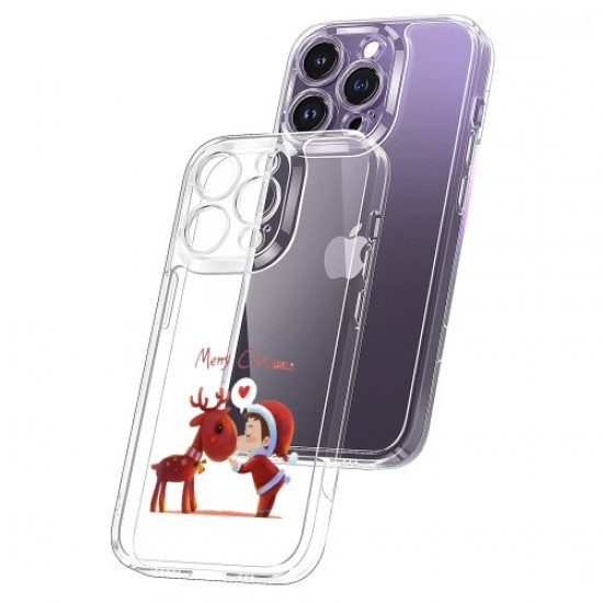 For iPhone 13 Pro 6.1 inch Funny Christmas Pattern Printing Case 1.5mm Thick TPU Precise Cutout Non-Yellowing Clear Phone Cover - Kid Kisses Deer Apple Cases Mobile