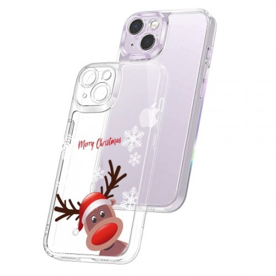 For iPhone 14 Clear TPU Phone Case Christmas Pattern Printing Precise Cutout 1.5mm Thick Shockproof Protective Cover - Snowflake Deer Apple Cases Mobile