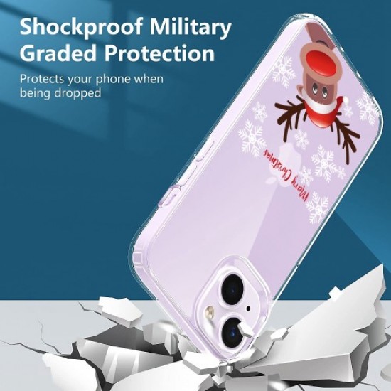 For iPhone 14 Clear TPU Phone Case Christmas Pattern Printing Precise Cutout 1.5mm Thick Shockproof Protective Cover - Snowflake Deer Apple Cases Mobile