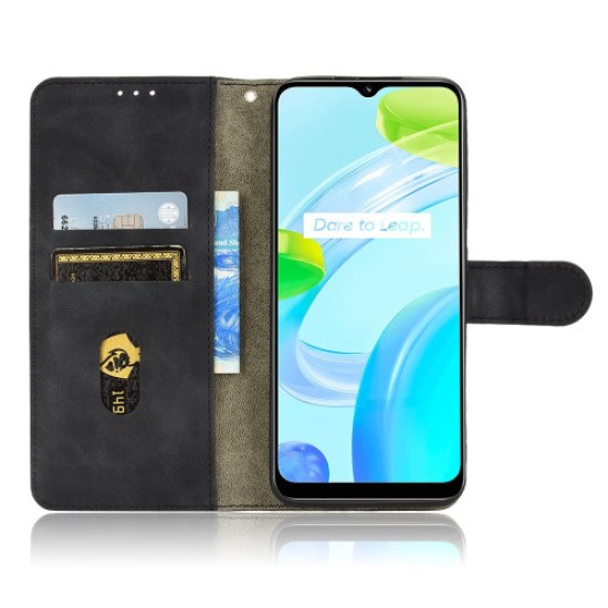 For Realme C30 4G PU Leather Folio Flip Protective Case Skin-touch Feeling Stand Wallet Phone Cover with Strap - Black Oppo Realme Cases Mobile