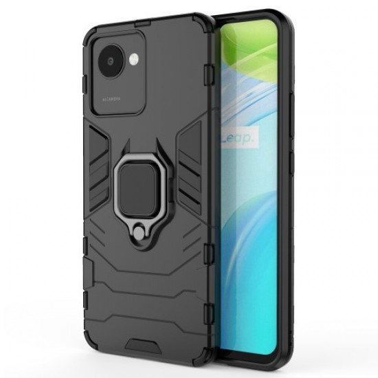 For Realme C30 4G Anti-wear Anti-scratch Ring Kickstand Phone Case Soft TPU Hard PC Anti-slip Rugged Back Cover - Black Oppo Realme Cases Mobile