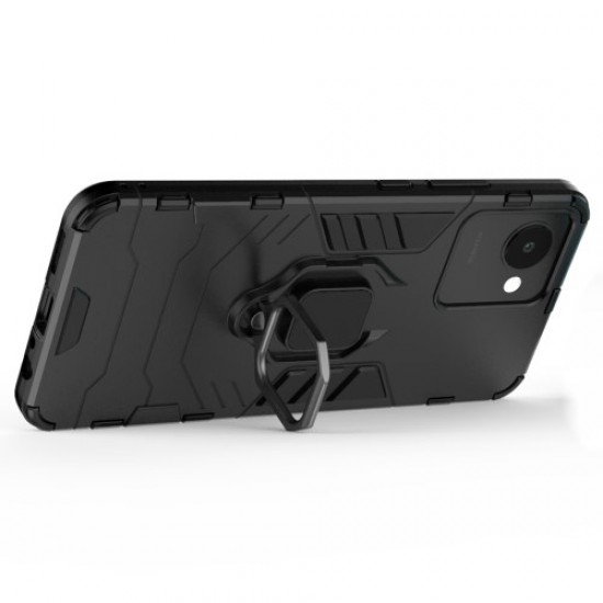 For Realme C30 4G Anti-wear Anti-scratch Ring Kickstand Phone Case Soft TPU Hard PC Anti-slip Rugged Back Cover - Black Oppo Realme Cases Mobile